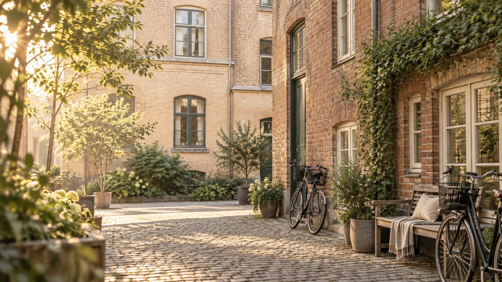 Stille københavnsk baggård med cykler, brosten og vedbend